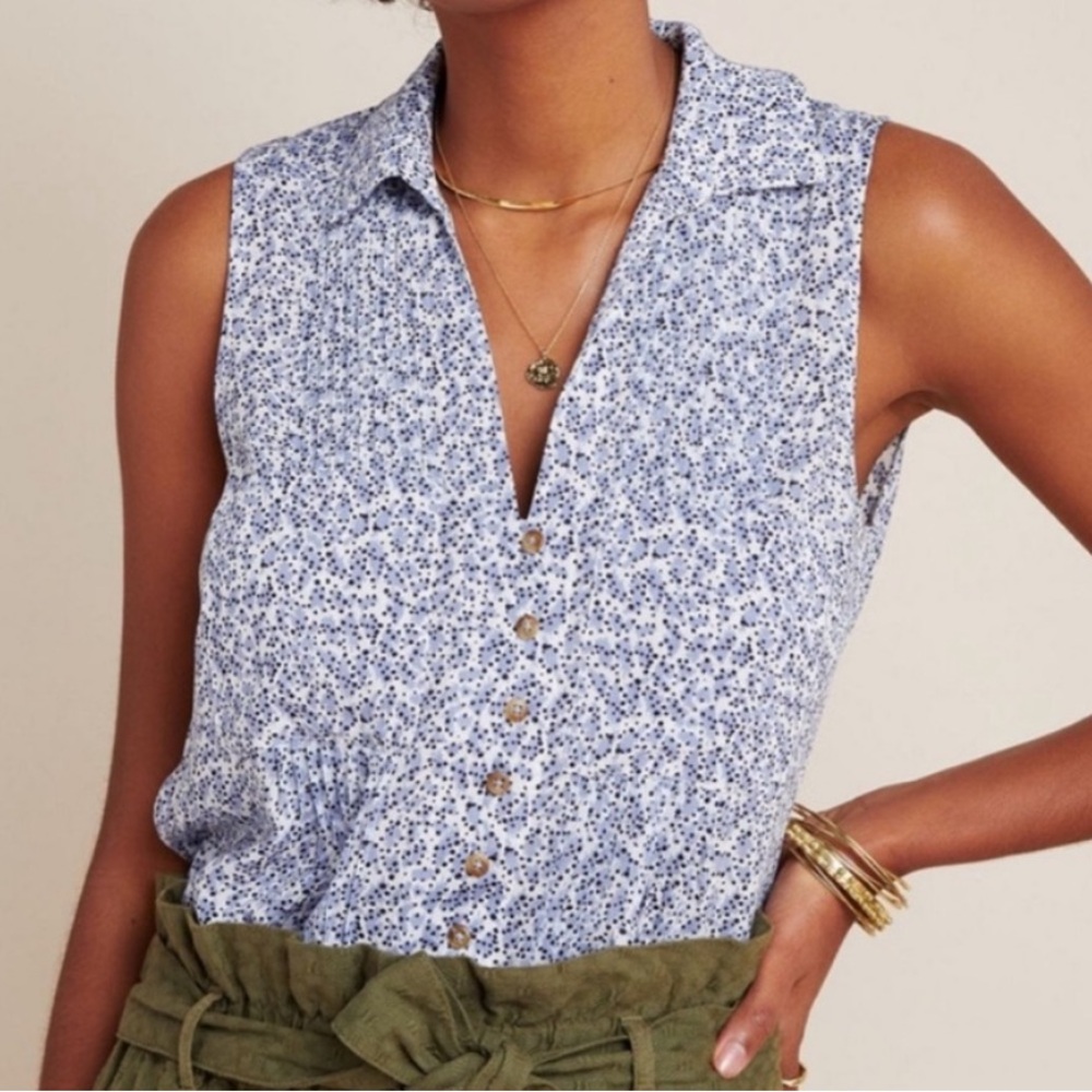 Anthropologie Blue Sleeveless Button Down Top